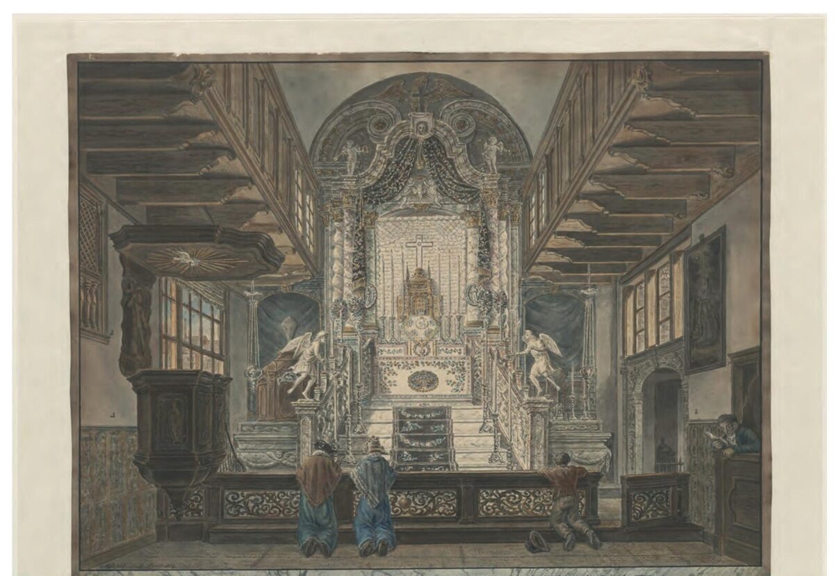 Interieur van de schuilkerk St. Bernardus in den Hoek, getekend door J.P. van Horstok