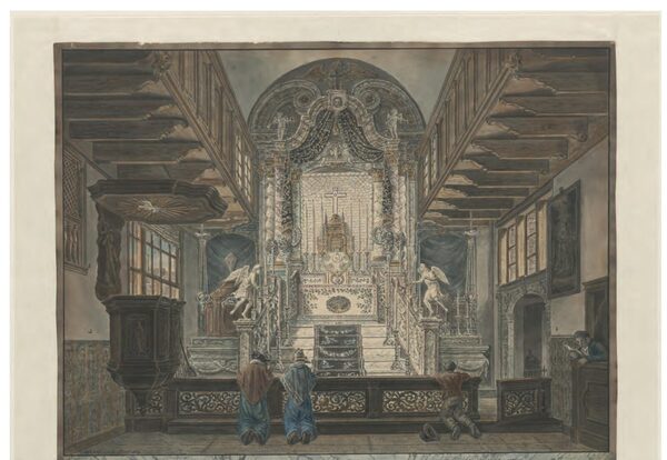 Interieur van de schuilkerk St. Bernardus in den Hoek, getekend door J.P. van Horstok