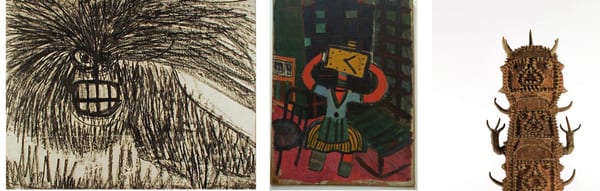 Drie werken uit de outsiderkunstcollectie: een harige grijnzende kop in inkt, een kleurrijk interieur en een gestapelde keramische sculptuur